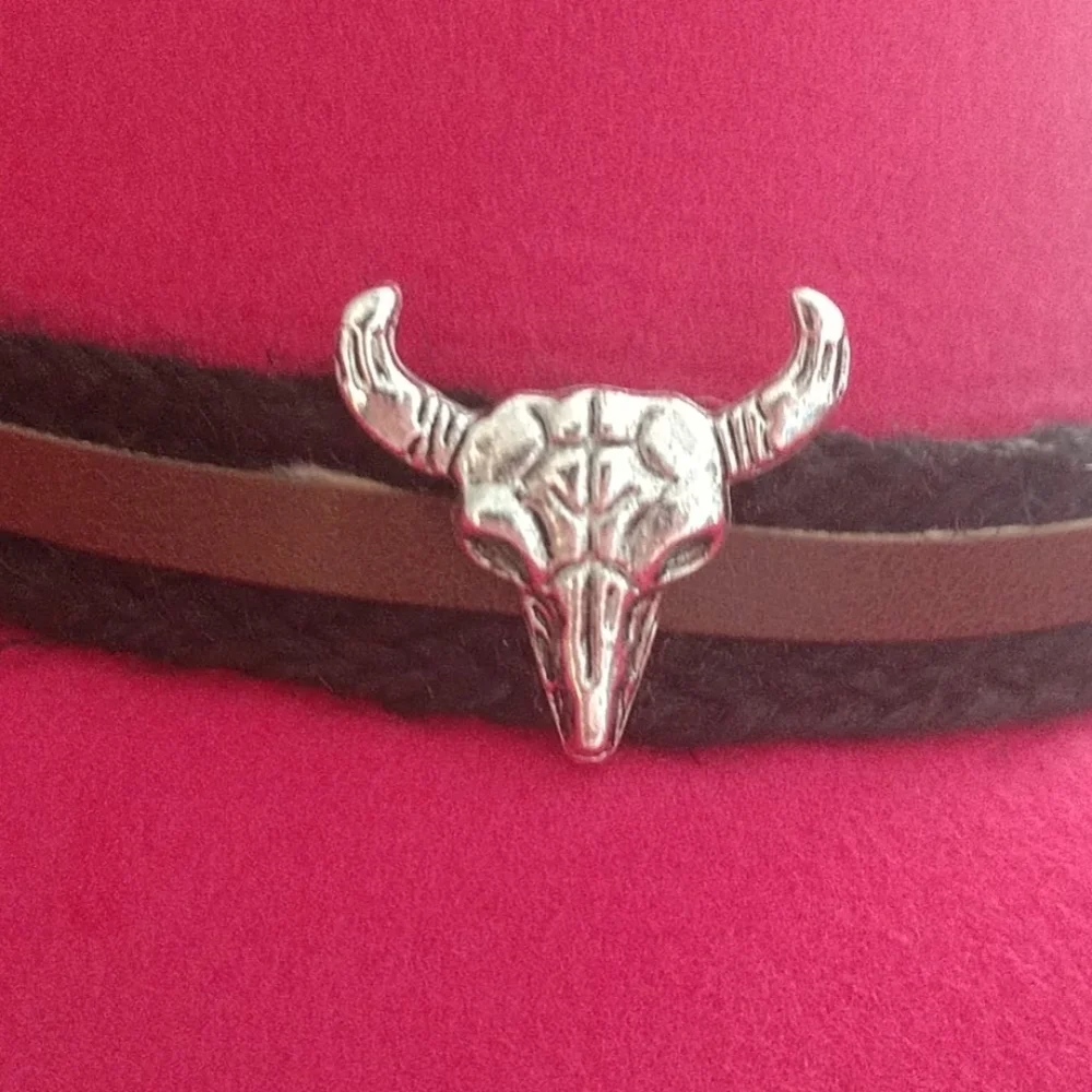 New Pink Unisex Western Cowboy Outback Boho Hat with Steer Head Tie Band - Picture 6 of 13